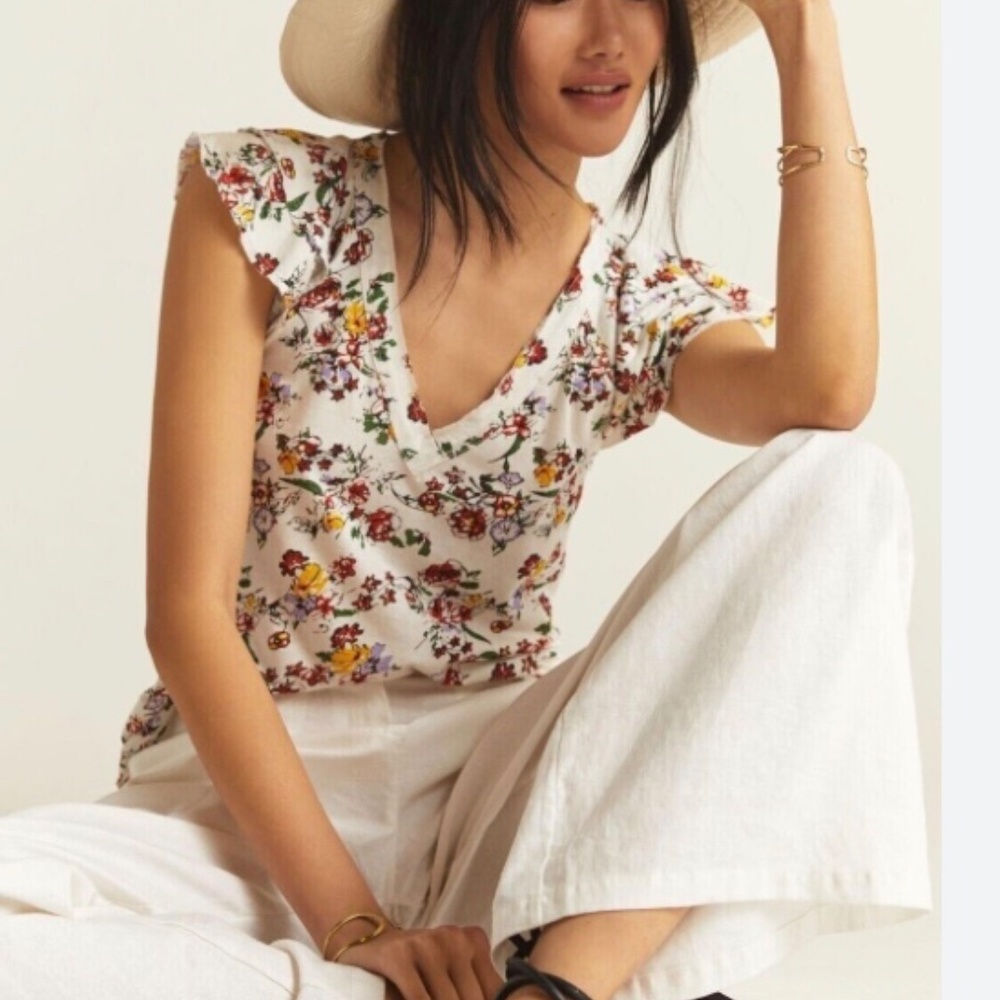 Maeve by Anthropologie Multicolor Floral Tee V-Neck Ruffle Cap Sleeves B…